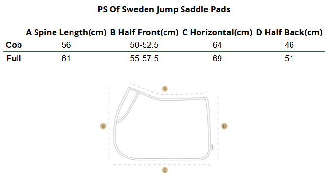 2025 PS of Sweden Jump Saddle Pads  Größentabelle